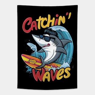 Funny Shark Catching Waves Tapestry