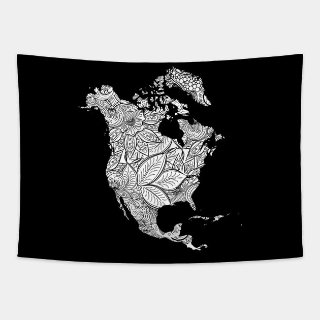 Mandala art map of North America with text in white Tapestry by Happy Citizen