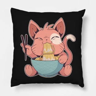 Cat Eating Ramen Japanese Art Pillow