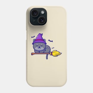 Cute Witch Cat Sleeping On Magic Broom Cartoon Phone Case