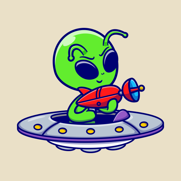 Cute Alien Holding Gun On UFO Spaceship Cartoon by Catalyst Labs