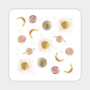 Gold Sun Moon Planets Space White illustration Magnet