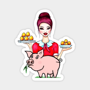 Funny Waitress Eggs and Pig Magnet