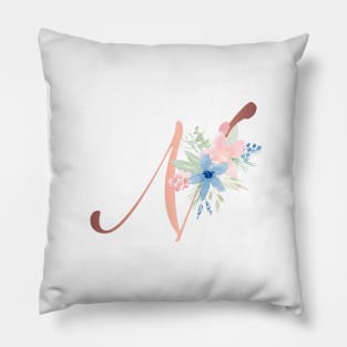 Letter N Rose Gold and Watercolor Blush Pink and Navy Pillow