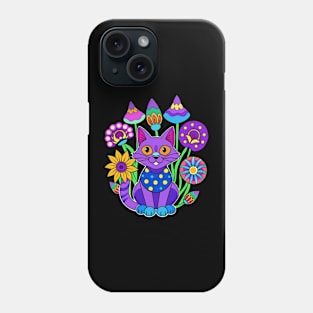 Purple trippy cat and magic mushrooms Phone Case