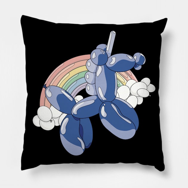 A light and dark blue unicorn balloon with a ballon rainbow and balloon clouds behind it. Pillow by Fruit Tee