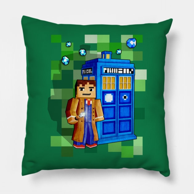 8bit 10th Doctor With time traveler box Pillow by Dezigner007