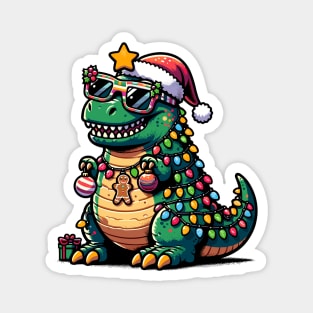 Tree-Rex Holiday Dinosaur - Christmas Tree T-Rex TreeRex Pun with Santa Hat, Lights and Ornaments Magnet