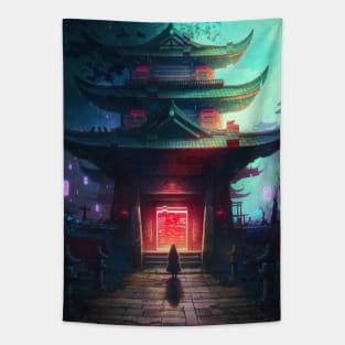 Cyberpunk Shinto Shrine Tapestry