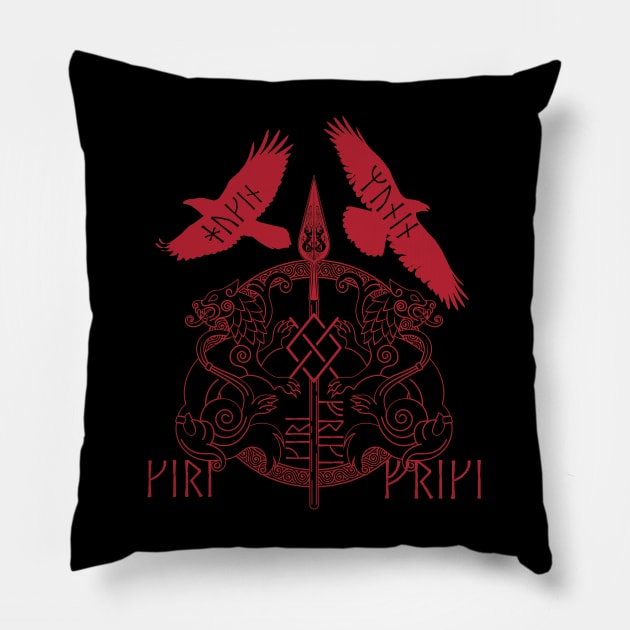 Odin Spear Viking Wolf Raven Gungnir Runes Red Pillow by Blue Pagan