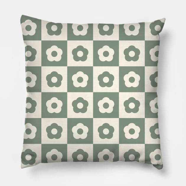 Sage Green Vintage Flower Checkers Pillow by Carolina Díaz