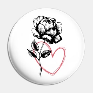 Rose Flower with Heart Black And White Botanical Illustration Pin