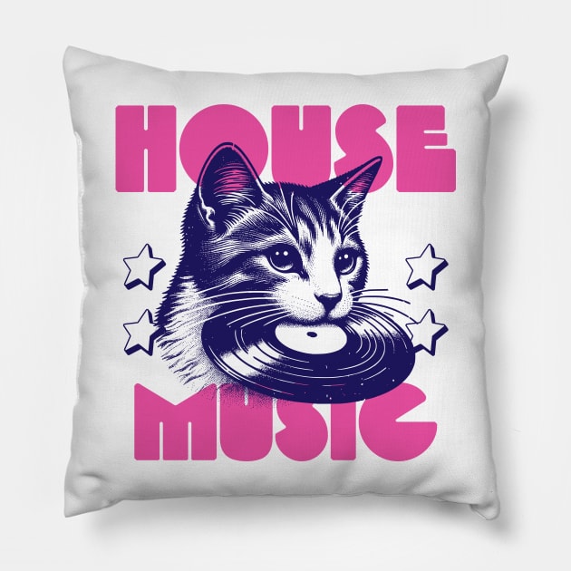 HOUSE MUSIC  - Cat Bite Vinyl (pink/navy) Pillow by DISCOTHREADZ 
