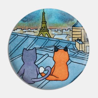 Cat and fox eiffel tower paris roofs watercolor illustration Pin