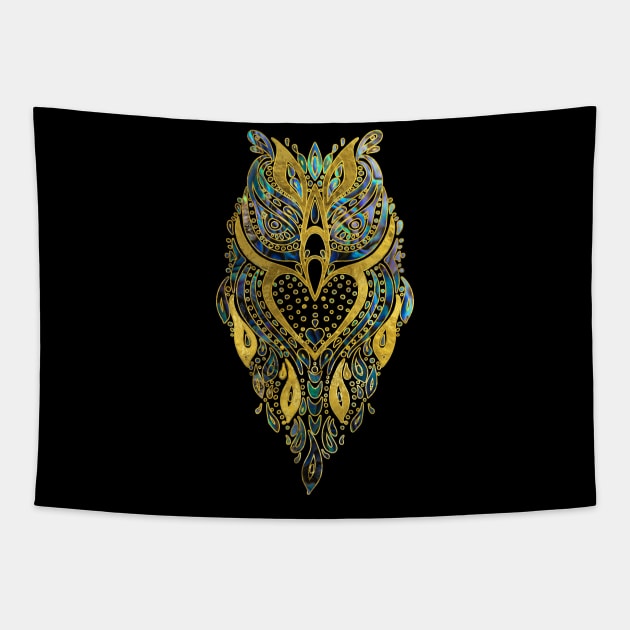 Gold and Abalone Tribal Owl Tapestry by Nartissima