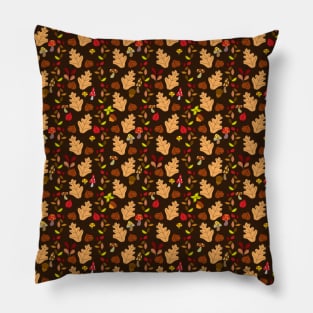 Dark Brown Autumn Leaves and Mushrooms Pattern Pillow