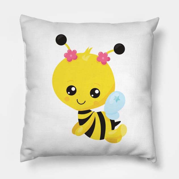 Cute Bee, Little Bee, Honey Bee, Flowers Pillow by Jelena Dunčević