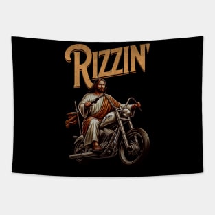 Jesus Christ on a Motorbike Rizzin' Jesus is Rizzen, Easter 2024 Funny Tees Tapestry