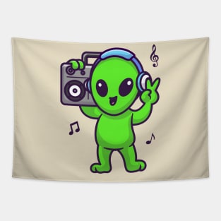 Cute Alien Listening Music With Boombox And Headphone Cartoon Tapestry