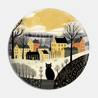 Vintage Cityscape Illustration: Urban Street with Houses, Lamps, Patterned Roads, Clouds, and a Stylish Black Cat in the Middle - Design Art Pin