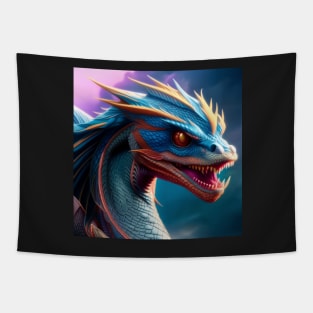 Intricate Blue Dragon with Red Highlights Tapestry