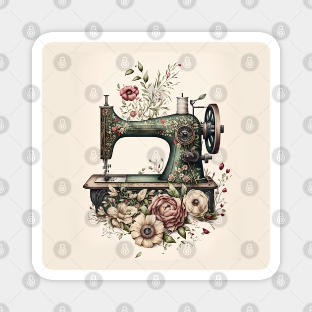 Vintage Sewing Machine with Flowers - No.1 Magnet by theprintculturecollective