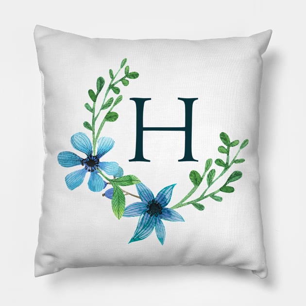 Floral Monogram H Pretty Blue Flowers Pillow by floralmonogram