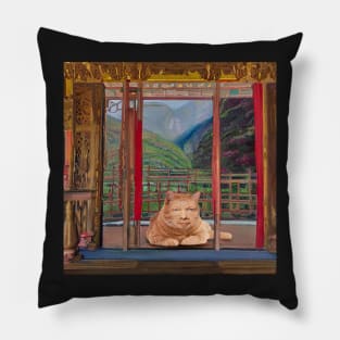 Eckhart Tolle Zen Master Cat On a Temple Terrace Overlooking Mountains Pillow