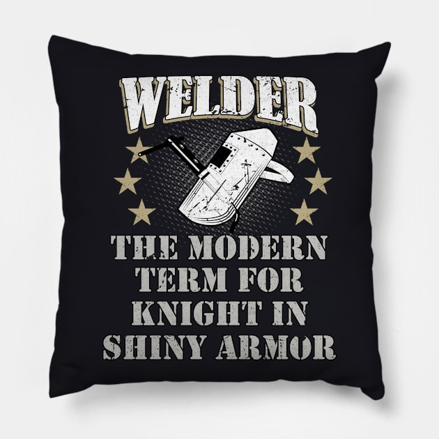 Welder Knight in shiny Armor Pillow by Foxxy Merch