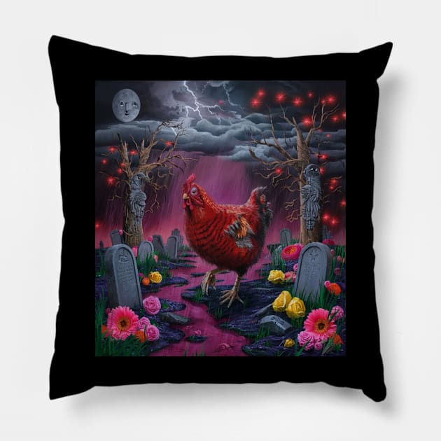 AI generated red striped chicken in graveyard Pillow by Catbrat