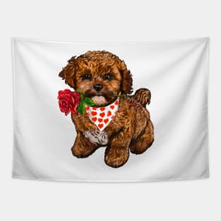 The Best Valentine’s Day Gift ideas, cavalier king charles spaniel Cute puppy dog with love heart sweetheart with red rose in its mouth. Cavapoochon Cavapoo dog Valentine’s Day Tapestry