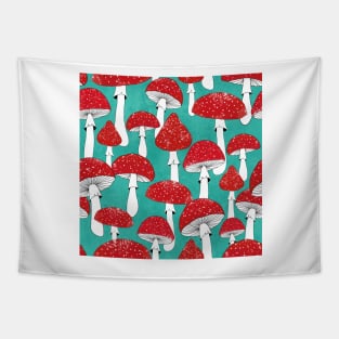 Red mushrooms on turquoise blue Tapestry