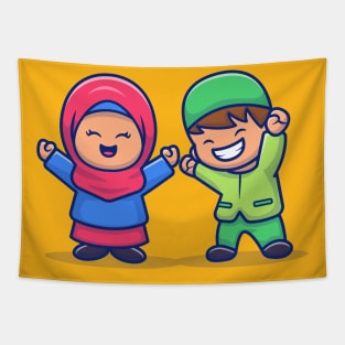 Girl And Boy Moslem Celebrating Eid Mubarak Cartoon Illustration Tapestry