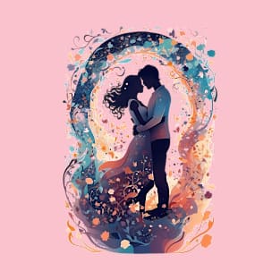 Vintage-Inspired Silhouette of a Couple in an Embrace - Valentine's Day T-Shirt