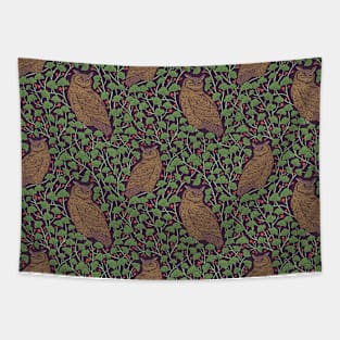 Brown owls amoung green ginkgo leaves and red berries Tapestry