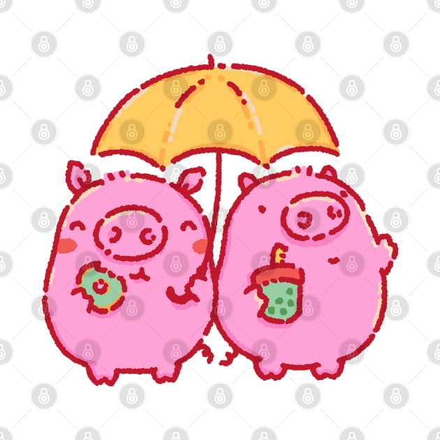 Pigs under a yellow umbrella by Tinyarts