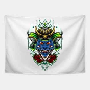 Samurai Cat - Green Kabuto Tapestry