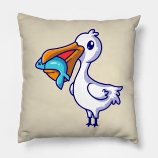 Cute Pelican Eat Fish Cartoon Pillow