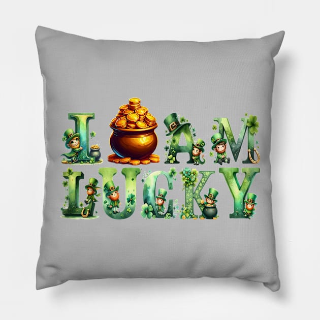 I am lucky watercolor pretty Leprechaun Pot Of Golden coins cute alphabet Irish Cultural St Patrick's Day Shamrock 4 leaf clover green letter Pillow by First Phenixs