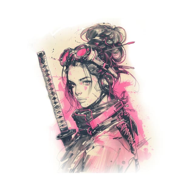 Samurai Girl Pink Cyber Sketch Art by Vlaa
