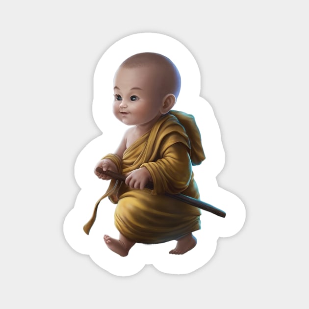 Baby with a Pixelated area Over the Face, Dressed in Traditional Monk Attire with a staff in Hand Magnet by animegirlnft