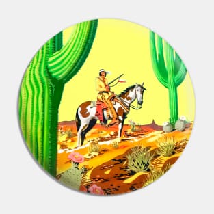 Desert Cactus American Indian Horseback Looking At The Horizon Western Cowboy Vintage Retro Comic Pin