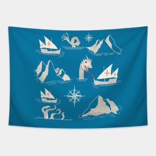 Medieval Nautical Sea Creatures Map Blue Tapestry