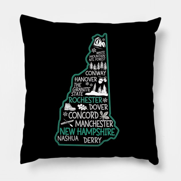 New Hampshire Rochester cute map Conway Hanover Dover Manchester Nashua The Granite State Pillow by BoogieCreates
