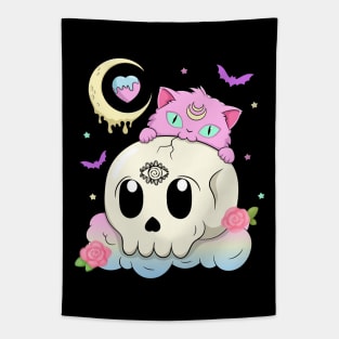 Creepy Cute Cat with Skull Pastel Goth Tapestry