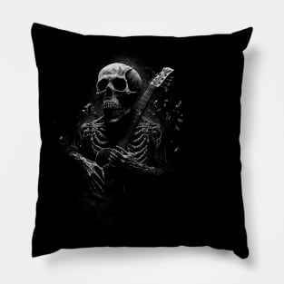 Skull Playing Guitar Black and White Pillow