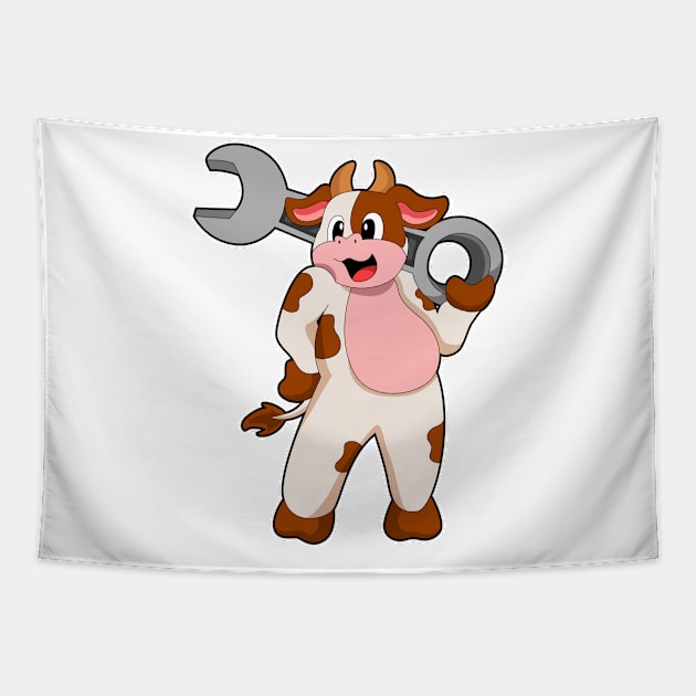 Cow as Mechanic with Wrench Tapestry by Markus Schnabel