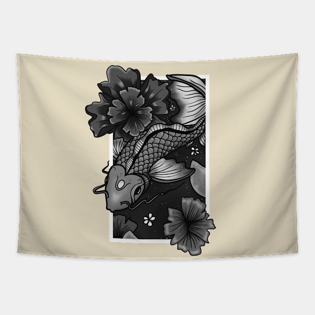 Koi Fish Gliding Through Water and Flowers - Grey Edition Tapestry by TrisBrick