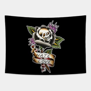 Hate Love Skull Rose Tattoo Design Tapestry