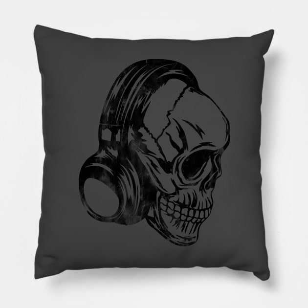 Skull Headphones Distressed Pillow by NineBlack